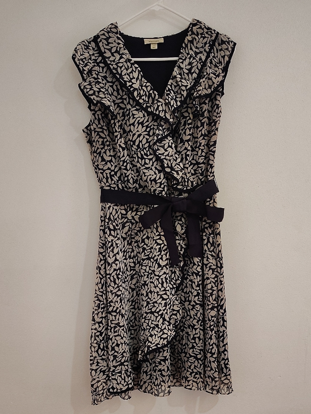 dressbarn Black & Cream Leaf-Print Ruffle Wrap Midi Dress